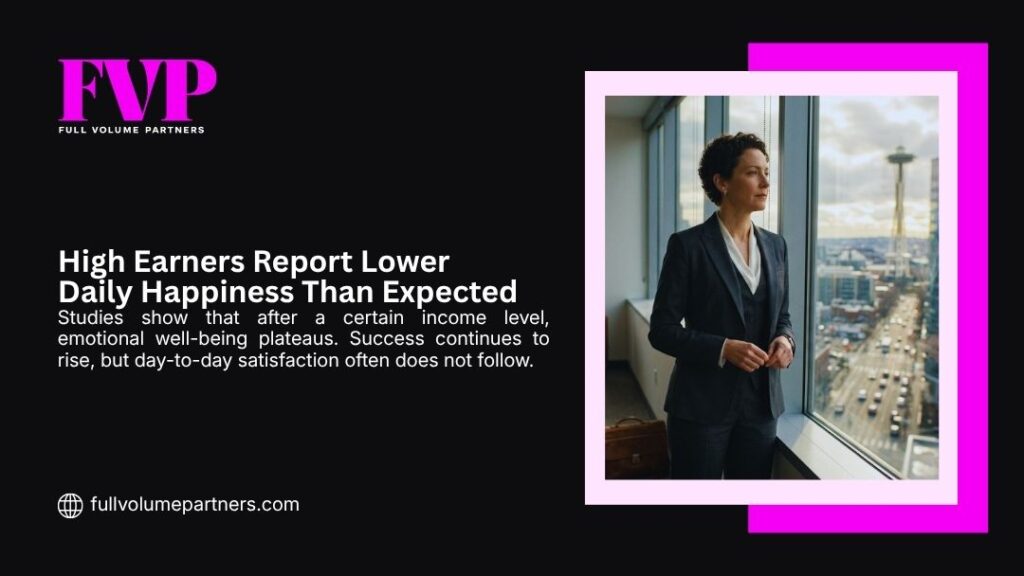 Successful businesswoman gazing pensively out a high-rise window, reflecting how high earners report lower daily happiness than expected despite career success.