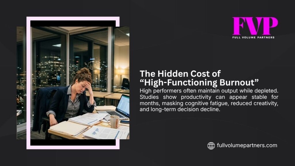 Feeling unfulfilled after career success
- Woman at office desk late at night with hand on forehead looking exhausted, representing high-functioning burnout.