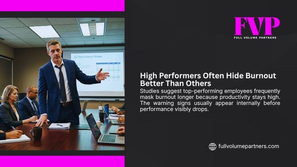 FVP infographic "High Performers Often Hide Burnout Better Than Others" with text on masked burnout and a photo of a suited man presenting to colleagues in a conference room.