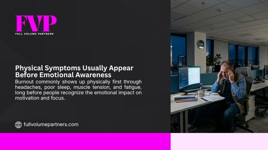 FVP infographic "Physical Symptoms Usually Appear Before Emotional Awareness" showing a stressed man holding his head at his desk in an office, with explanatory text on burnout.