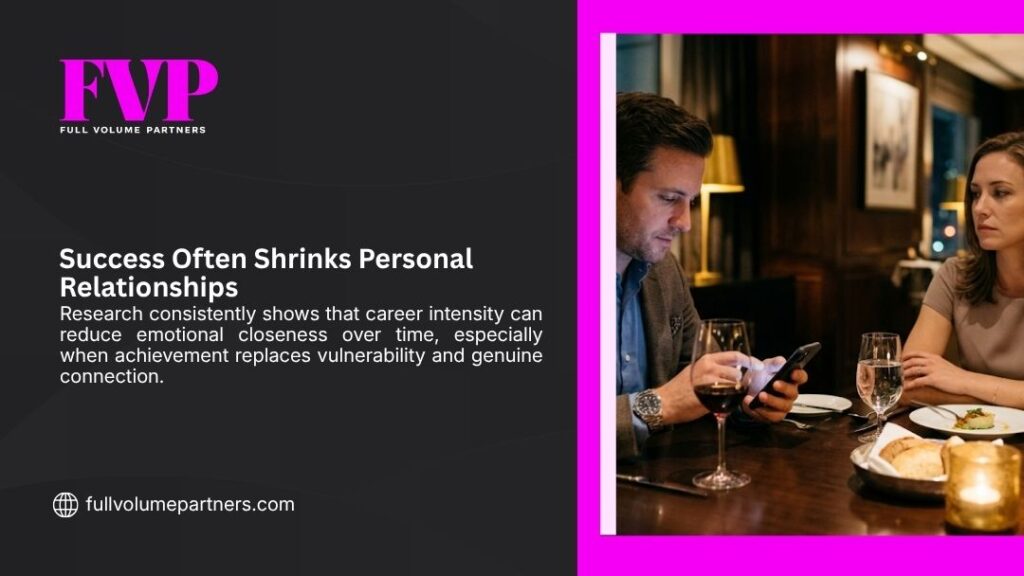 FVP graphic "Success Often Shrinks Personal Relationships" showing a man focused on his phone during dinner with a woman, illustrating reduced emotional connection.