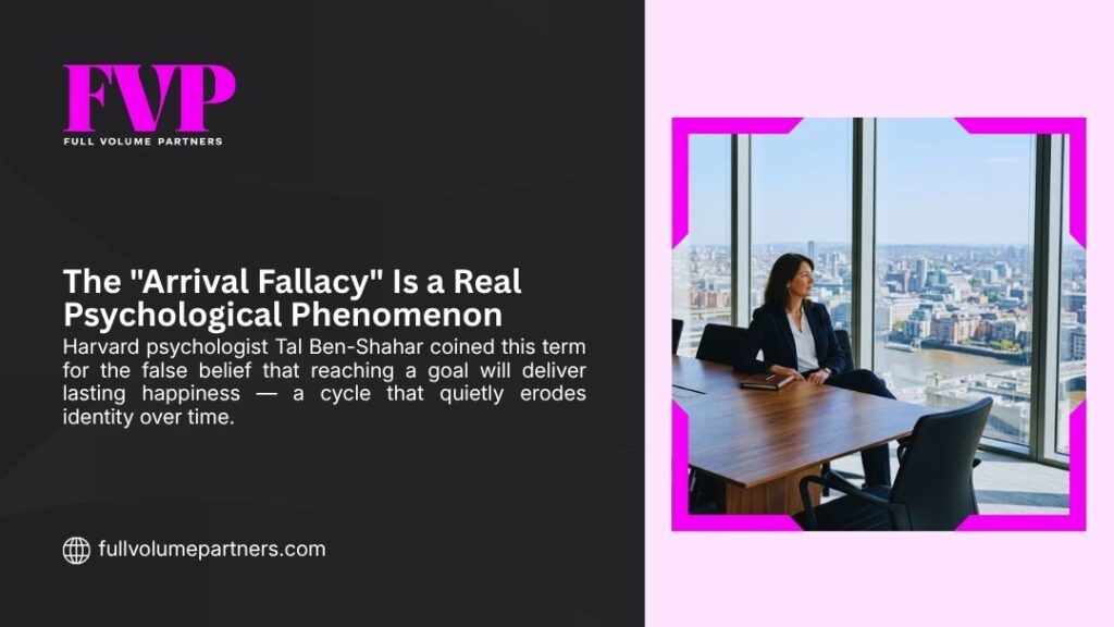 A businesswoman sits alone at a boardroom table gazing out at a city skyline, illustrating the arrival fallacy psychological phenomenon.