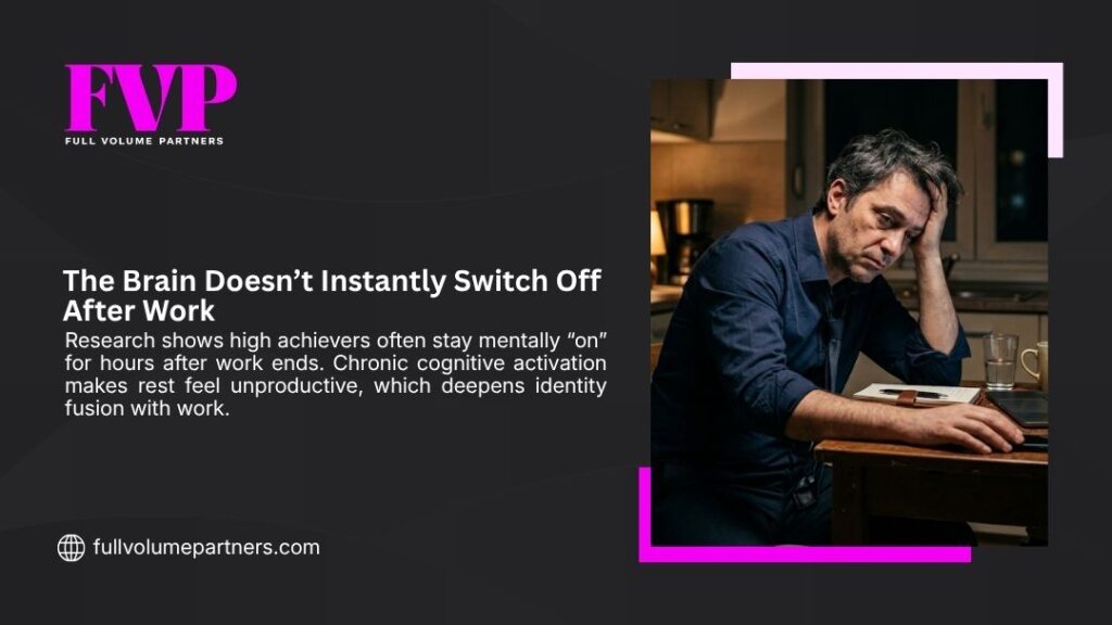 FVP graphic "The Brain Doesn’t Instantly Switch Off After Work" showing a tired man in blue shirt sitting at kitchen table with hand on head, looking mentally drained.
