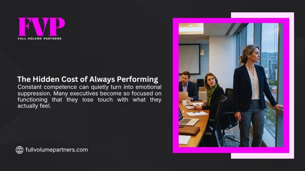 "The Hidden Cost of Always Performing" showing a professional woman standing pensively by a large window in a conference room, with colleagues at a meeting table in the background.