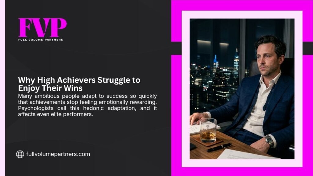 FVP graphic "Why High Achievers Struggle to Enjoy Their Wins" featuring a man in a suit sitting pensively at a desk with a nighttime city skyline view.