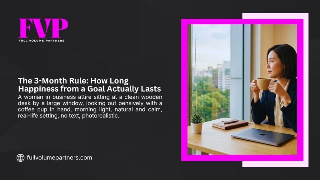 Business woman gazing out window with coffee, reflecting on goal-setting and the 3-month happiness rule. Professional morning mindset.