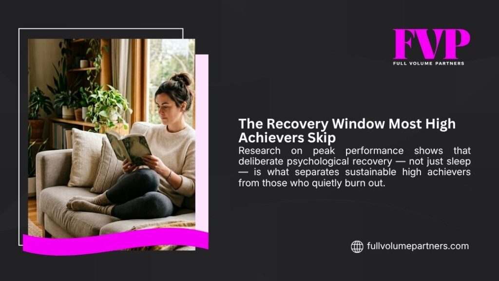 An infographic titled "The Recovery Window Most High Achievers Skip," which explains that deliberate psychological recovery is essential to avoid burnout and maintain high performance.