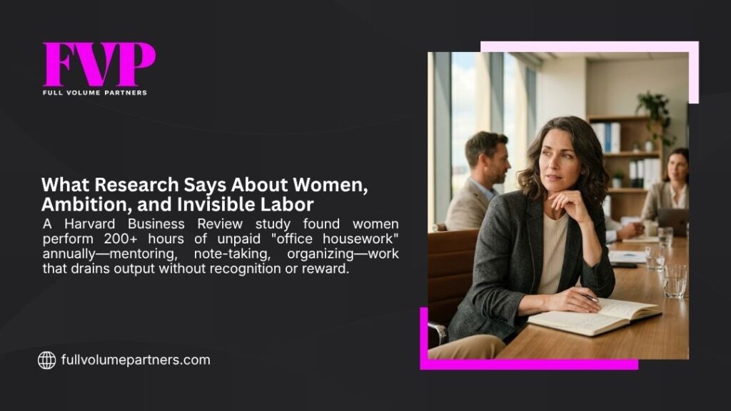 Woman in meeting looking thoughtful with notebook, reflecting research on women's ambition and the unpaid invisible labor of office housework.