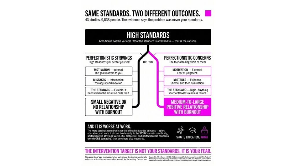 Infographic: Same Standards, Two Different Outcomes — perfectionistic strivings vs concerns and their differing links to burnout at work"